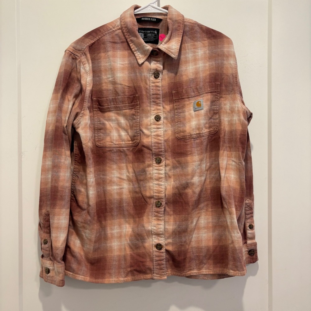 Carhartt Rugged Flex Loose Fit Flannel Shirt Womens Large Brown Plaid Button Up